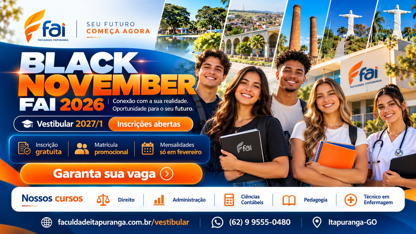Campanha Black November FAI 2026 com estudantes e pontos de Itapuranga